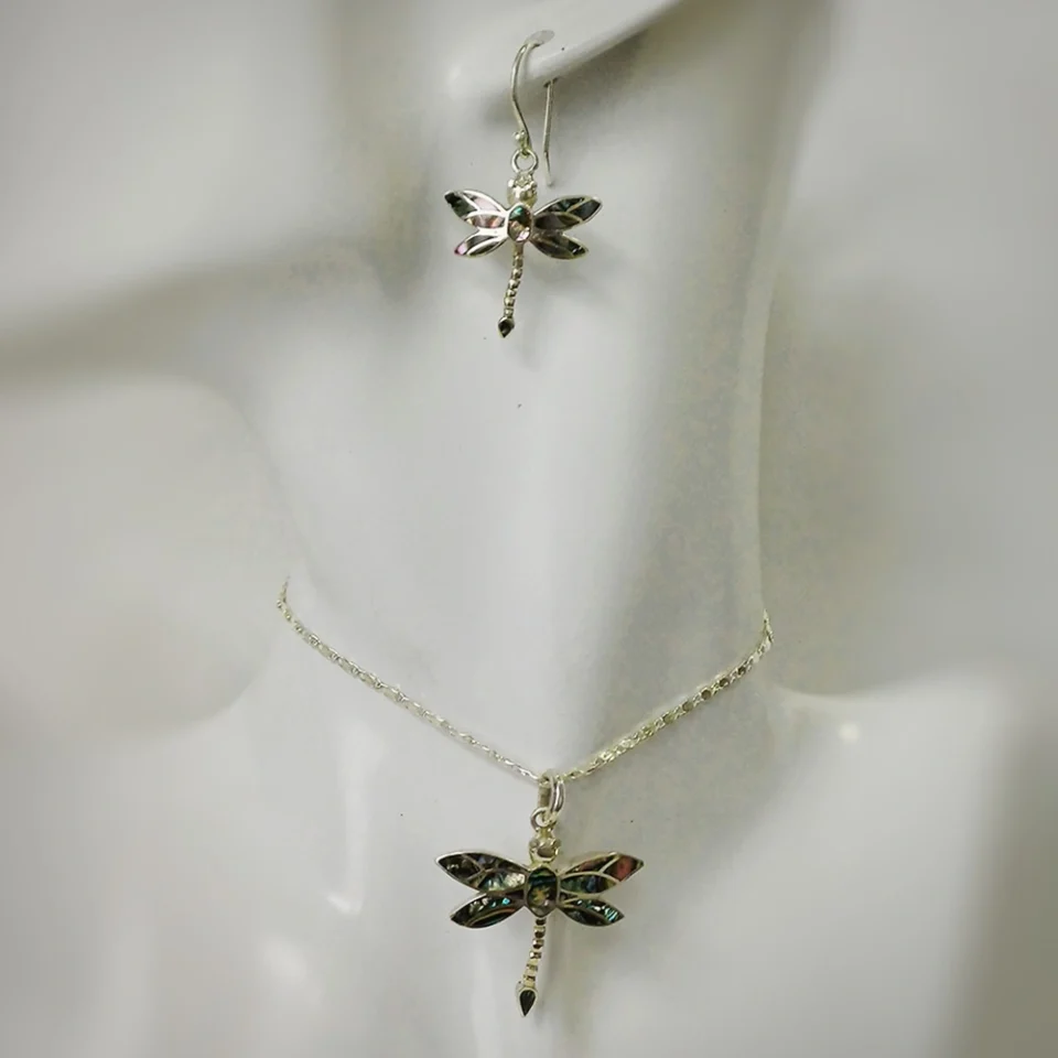 Dragonfly Abalone Set of Earrings and Pendant